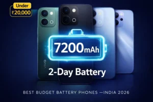 Vivo T5x 5G and iQOO Z11x 5G side by side — best phones under ₹20,000 with 7200mAh battery in India 2026